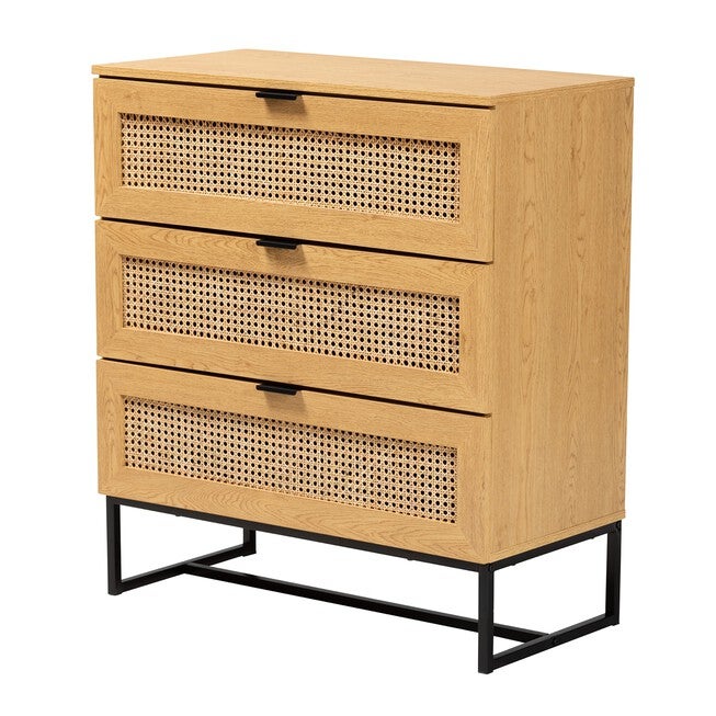 Sawyer Mid-Century Modern Industrial Oak Brown Finished Wood And Black Metal 3-Drawer Storage Cabinet With Natural Rattan, OAK BROWN BLACK, hi-res image number null