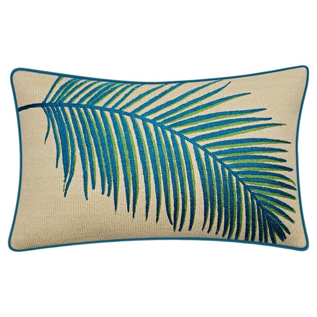 New York Botanical Garden® Indoor/Outdoor Raffia Embroidered Palm Frond Decorative Throw Pillow 12X20, Turq Multi, TURQUOISE MULTI, hi-res image number 0