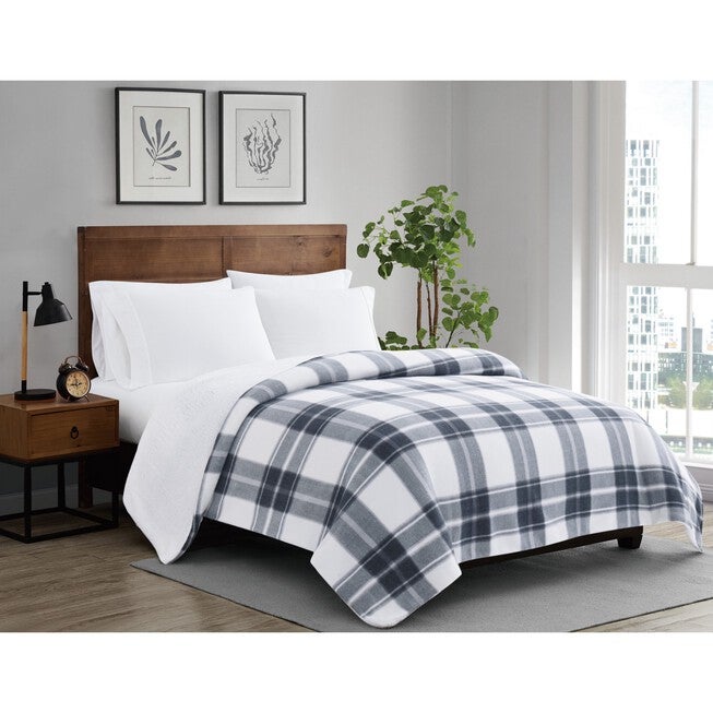 Cozy Teddy Plaid Blanket, BLUE CREAM, hi-res image number 0