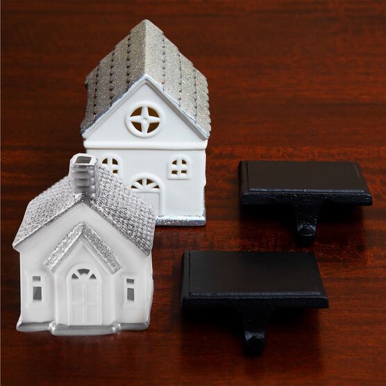 Porcelain House Stocking Holders Silver, Set of 2 Catherines