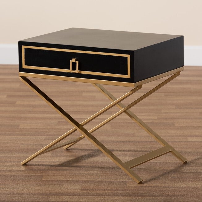 Lilibet Modern Glam And Luxe Black Finished Wood And Gold Metal 1-Drawer End Table, , alternate image number 16