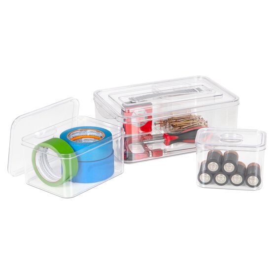 Clear Plastic Storage Bins With Grey Handles-Set Of 4 Large, Medium, Small Containers For Closet Fridge Organization, , alternate image number null