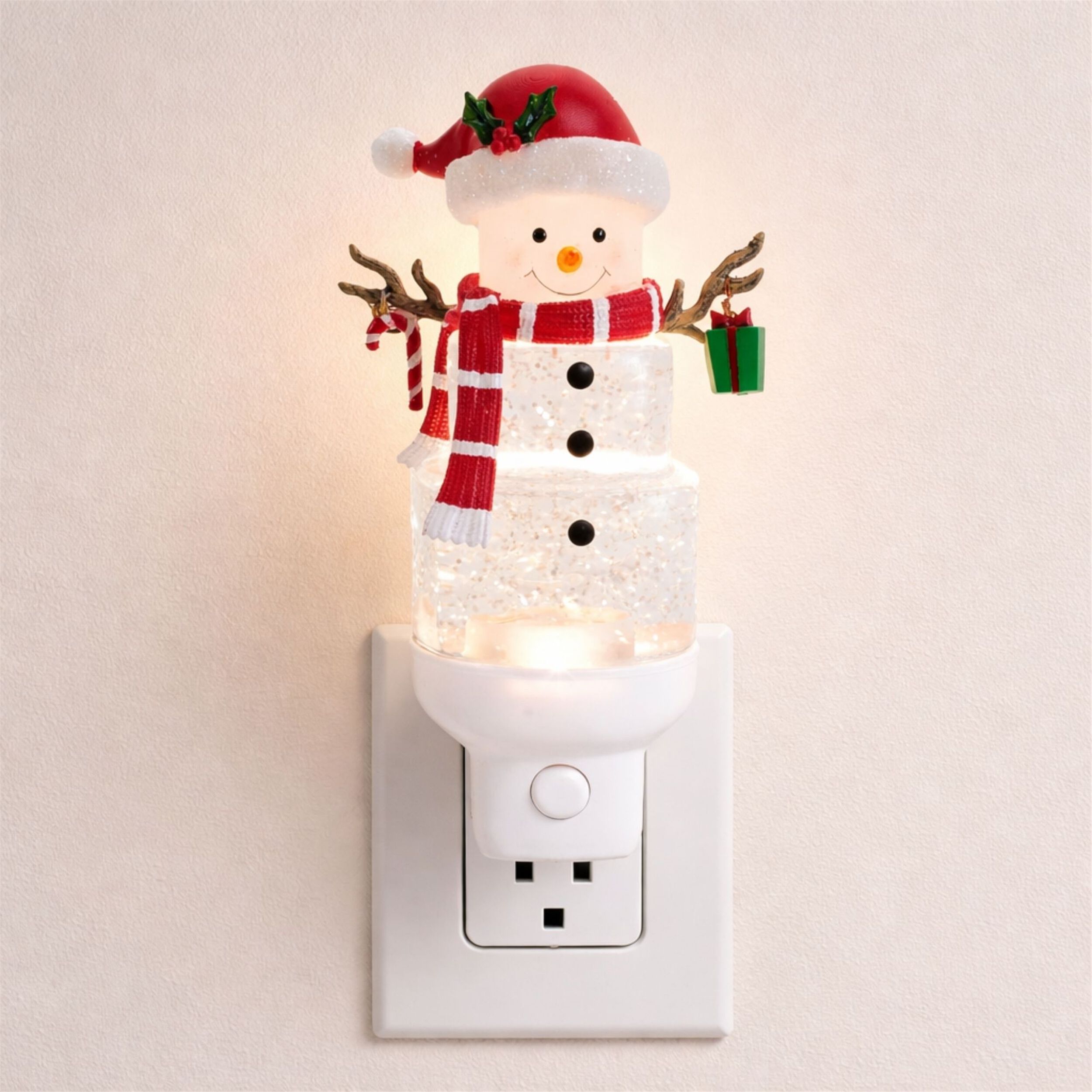 Snowman with Present Snow Globe Night Light 7 inchesH, WHITE RED GREEN, alternate image number 1