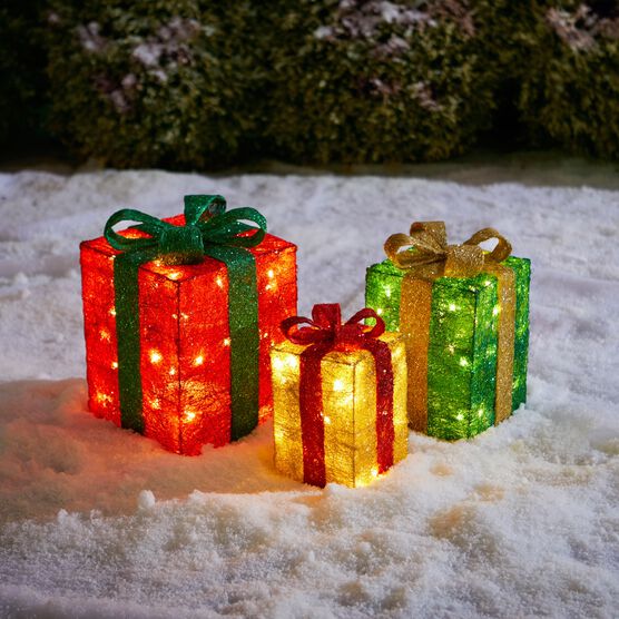 Pre-Lit Gift Boxes, Set of 3, RED GREEN GOLD, hi-res image number null