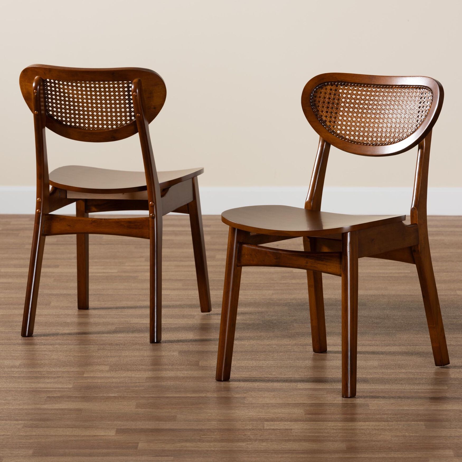 Hesper Mid-Century Modern Walnut Brown Finished Wood and Rattan 2-Piece Dining Chair Set, , alternate image number 19
