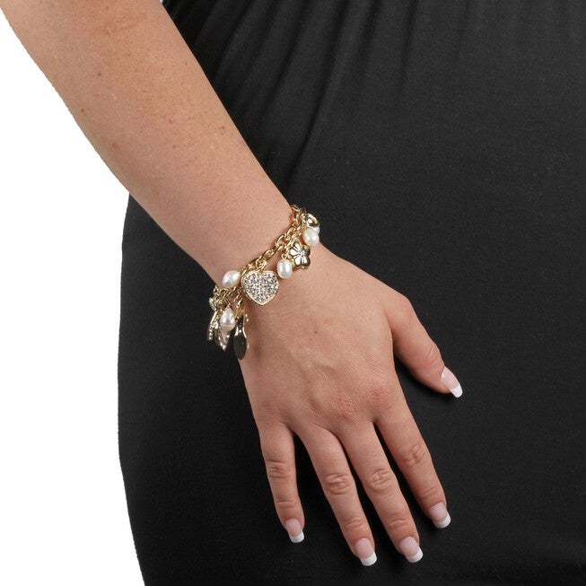 Gold Tone Charm Bracelet Crystal and Cultured Freshwater Pearl 8 inches, , alternate image number null