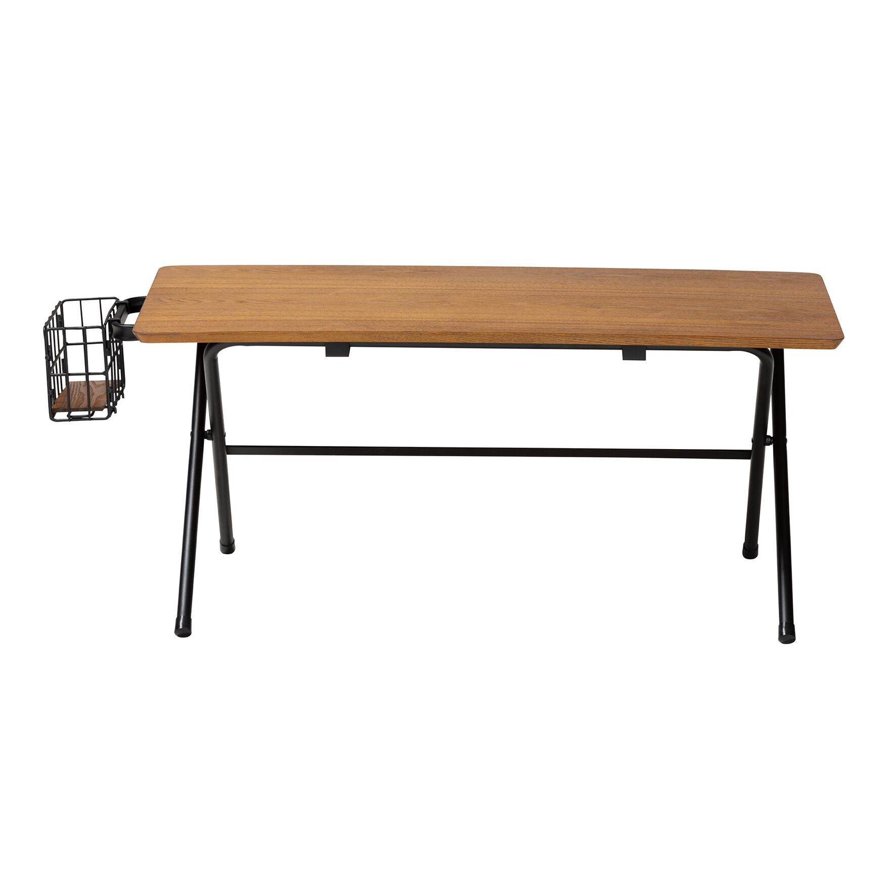 Rectangular coffee table with natural brown wood top and black metal frame, featuring a wire basket on the side.