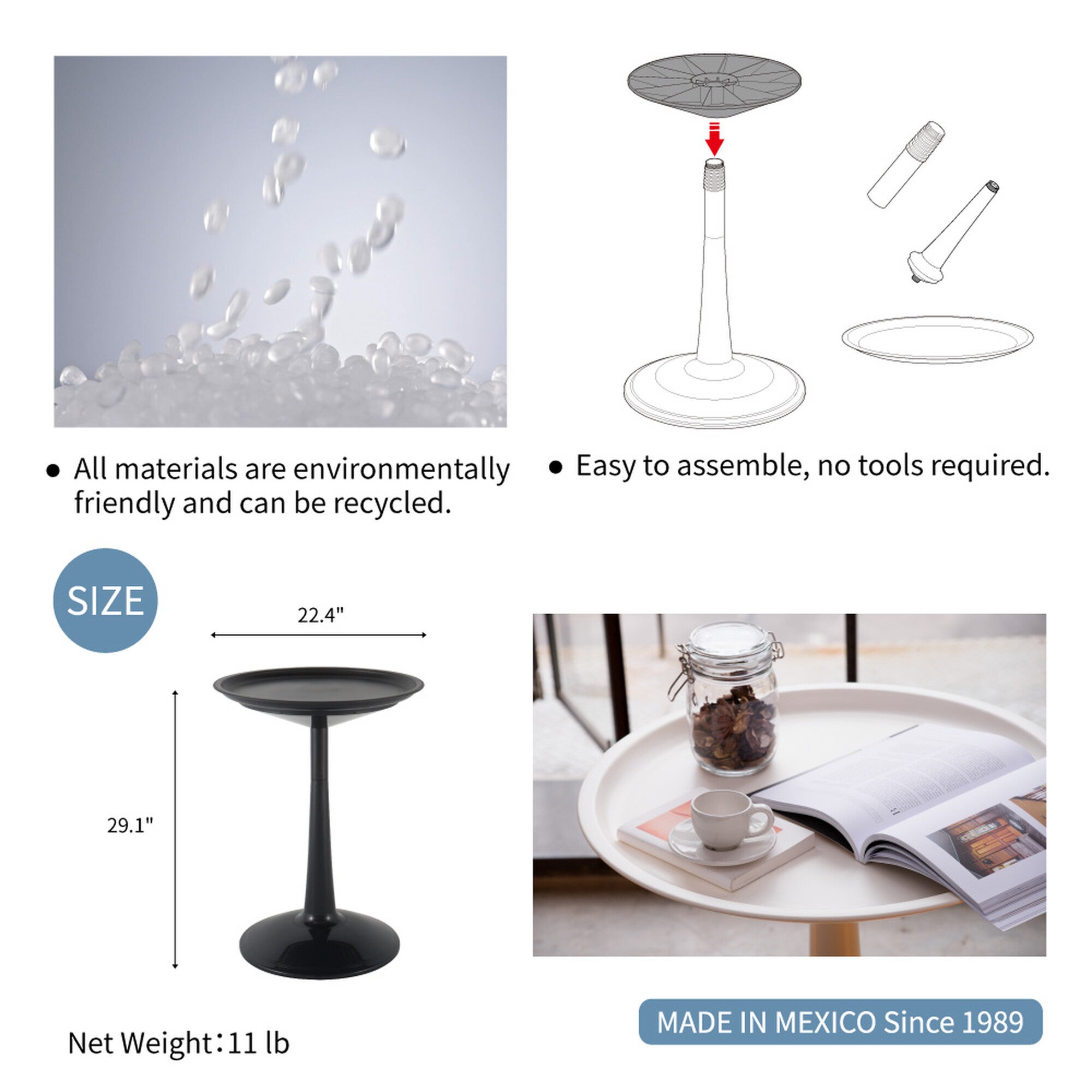 SPROUT 2 in 1 side table assembly and size infographic