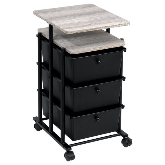 3-Drawer Cart Adjustable Height, Matte Black and Wood Grain Laminate Top, BLACK, hi-res image number null