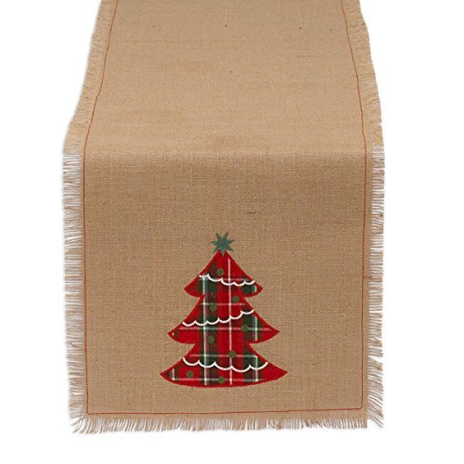 Embroidered Tree Burlap Table Runner, TAN, hi-res image number null