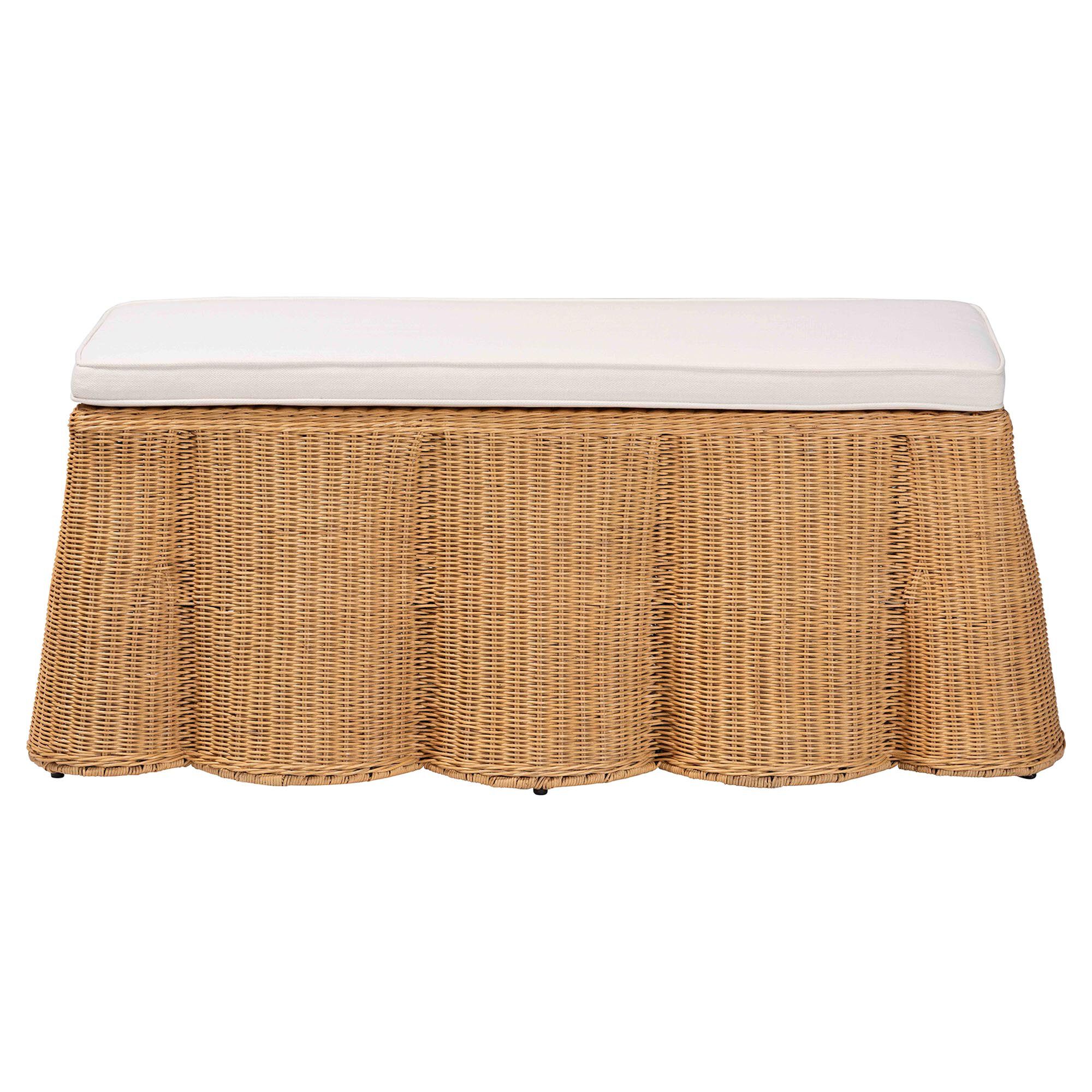 Front view of natural rattan rectangle ottoman with white cushion