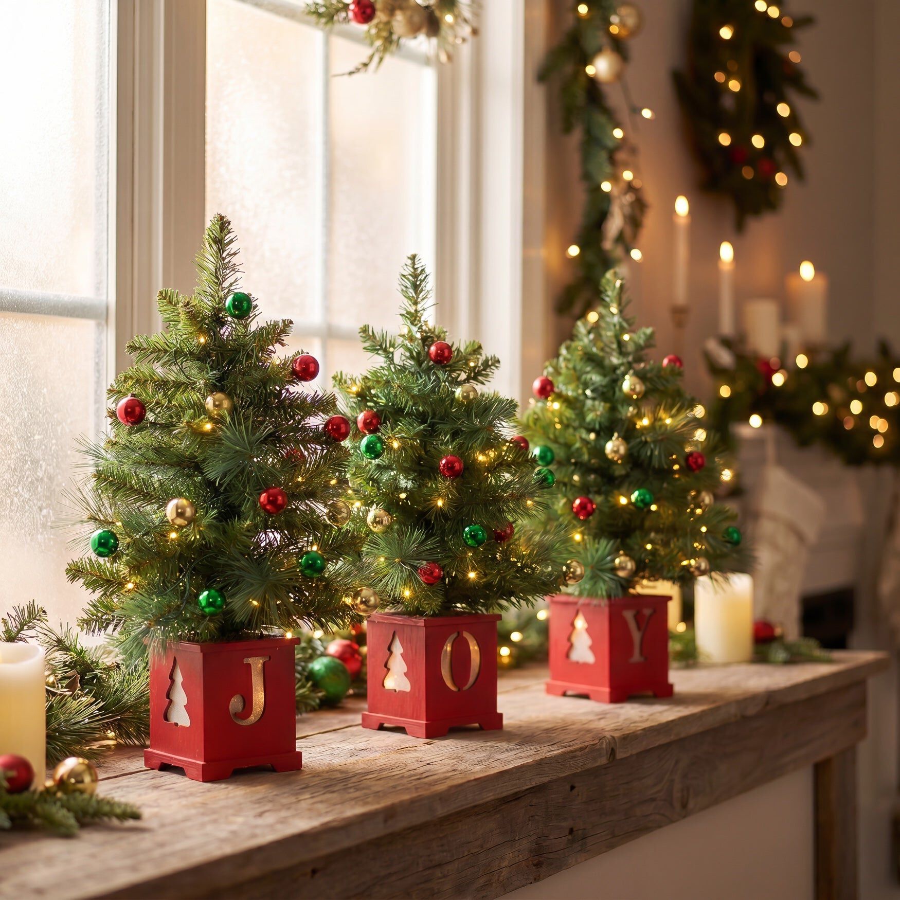 Pre-lit "JOY" Wooden Urn Tree Set, Set of 3