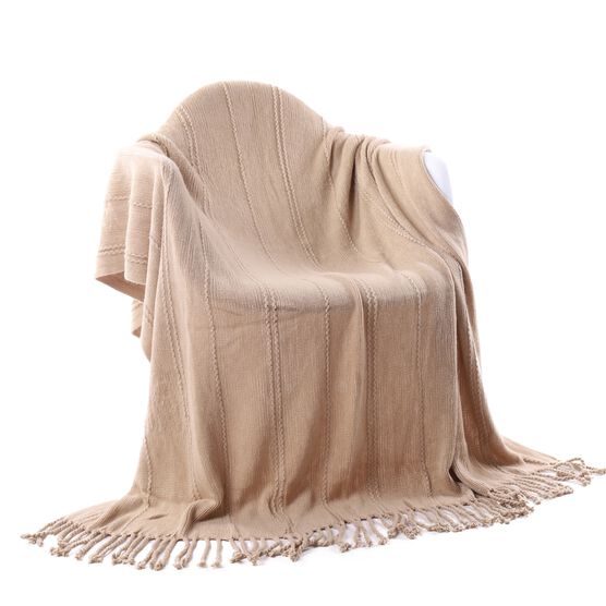 Battilo Home Cable Knit Woven Luxury Throw Blanket With Tasseled Ends, 50"x60", TAN, hi-res image number null