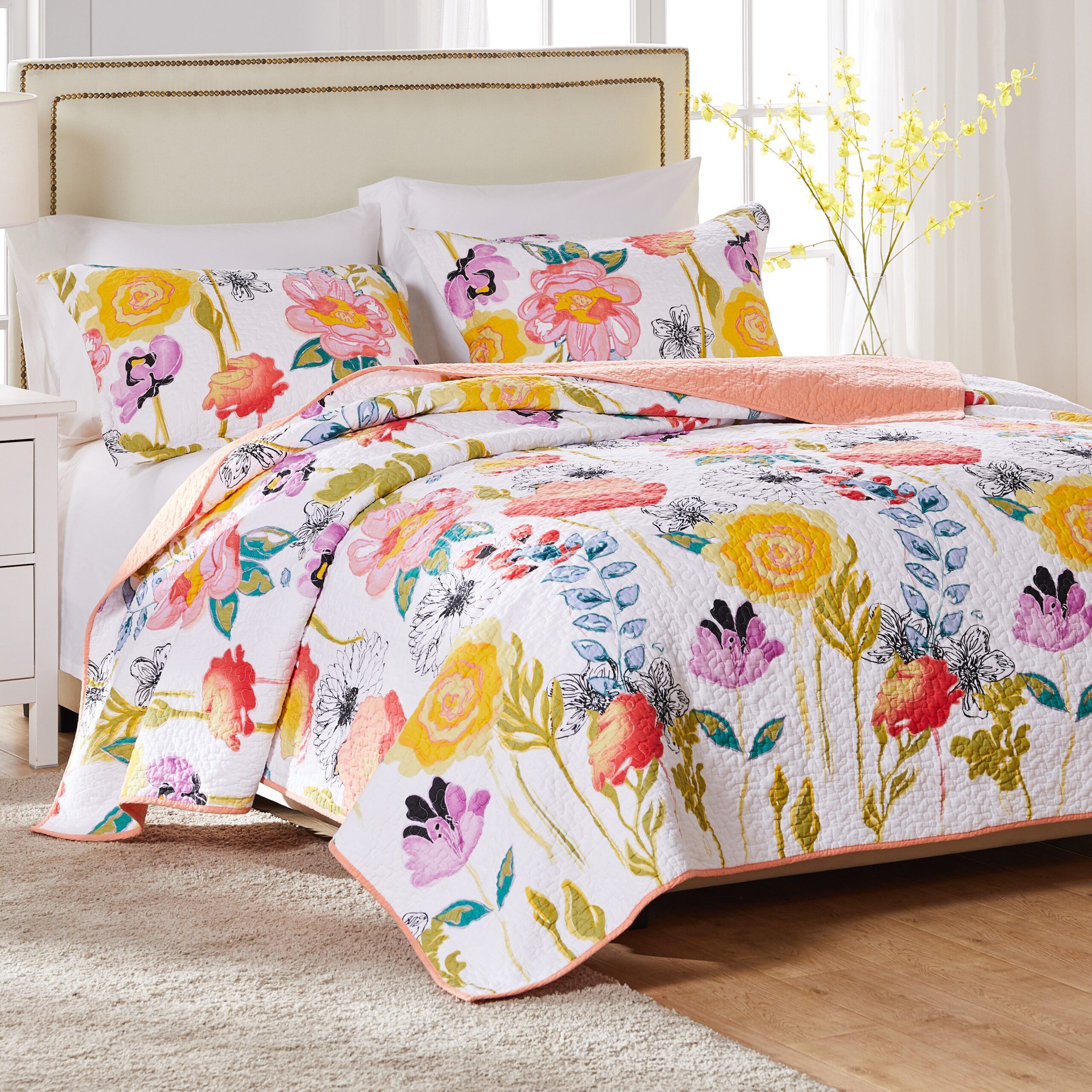 Watercolor Dream Floral 100% Cotton Quilt Set, WHITE, hi-res image number 0