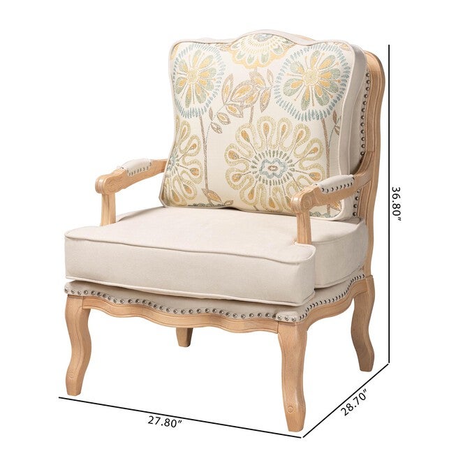 Andre Traditional French Quilted Fabric And Whitewash Finished Wood Accent Chair, , alternate image number null