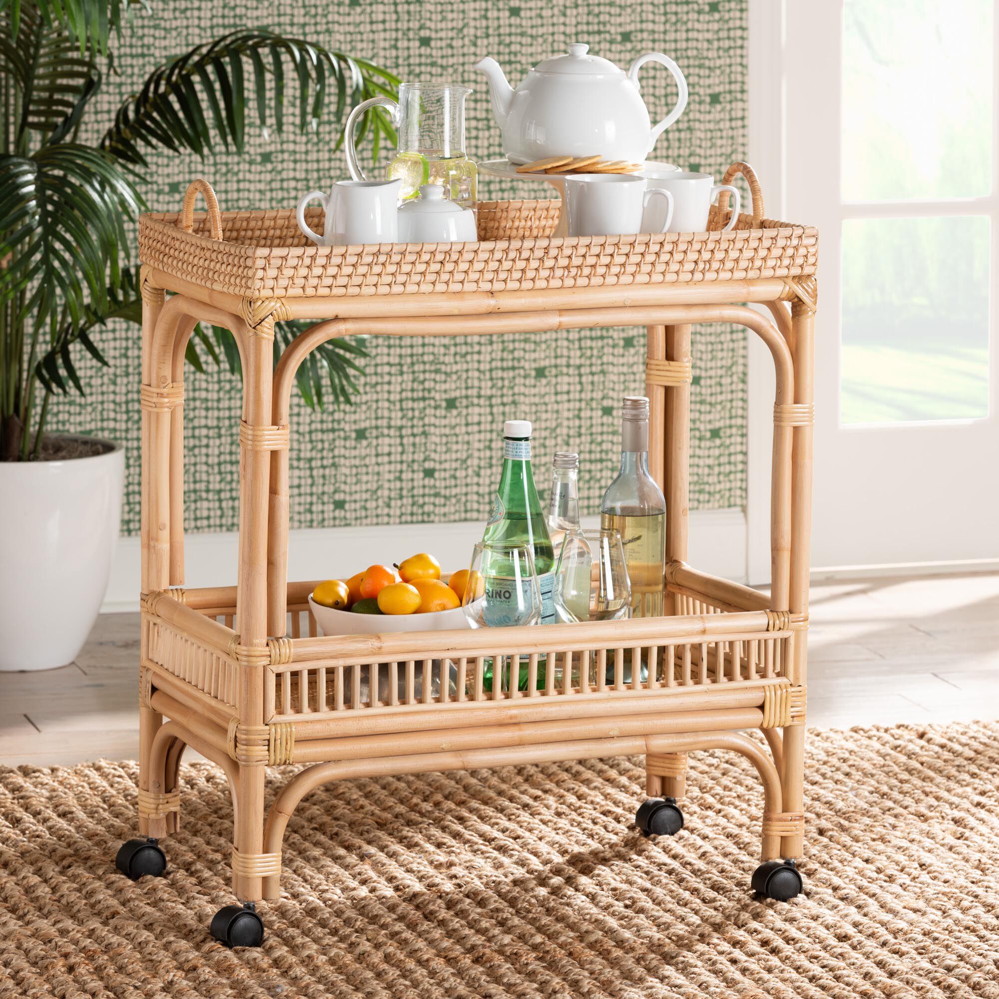 Lombok Modern Bohemian Natural Brown Rattan Wine Cart, NATURAL BROWN, hi-res image number 0
