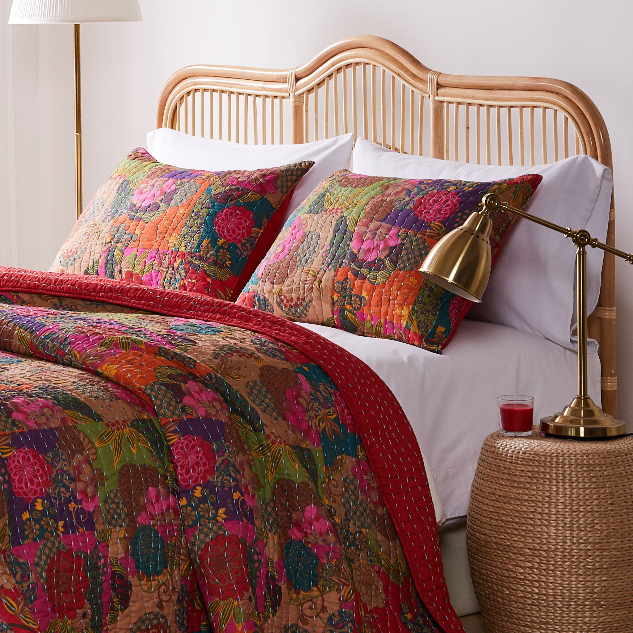 Jewel Floral 100% Cotton Kantha Quilt Set, RED, alternate image number 2