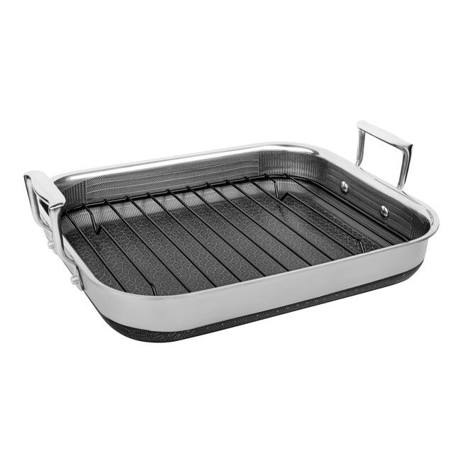 LIVWELL DiamondClad™ 14-inch Hybrid Nonstick Stainless Steel Roasting Pan with Basket, Dishwasher Safe, PFOA-free – Silver/Black, SILVER, hi-res image number null