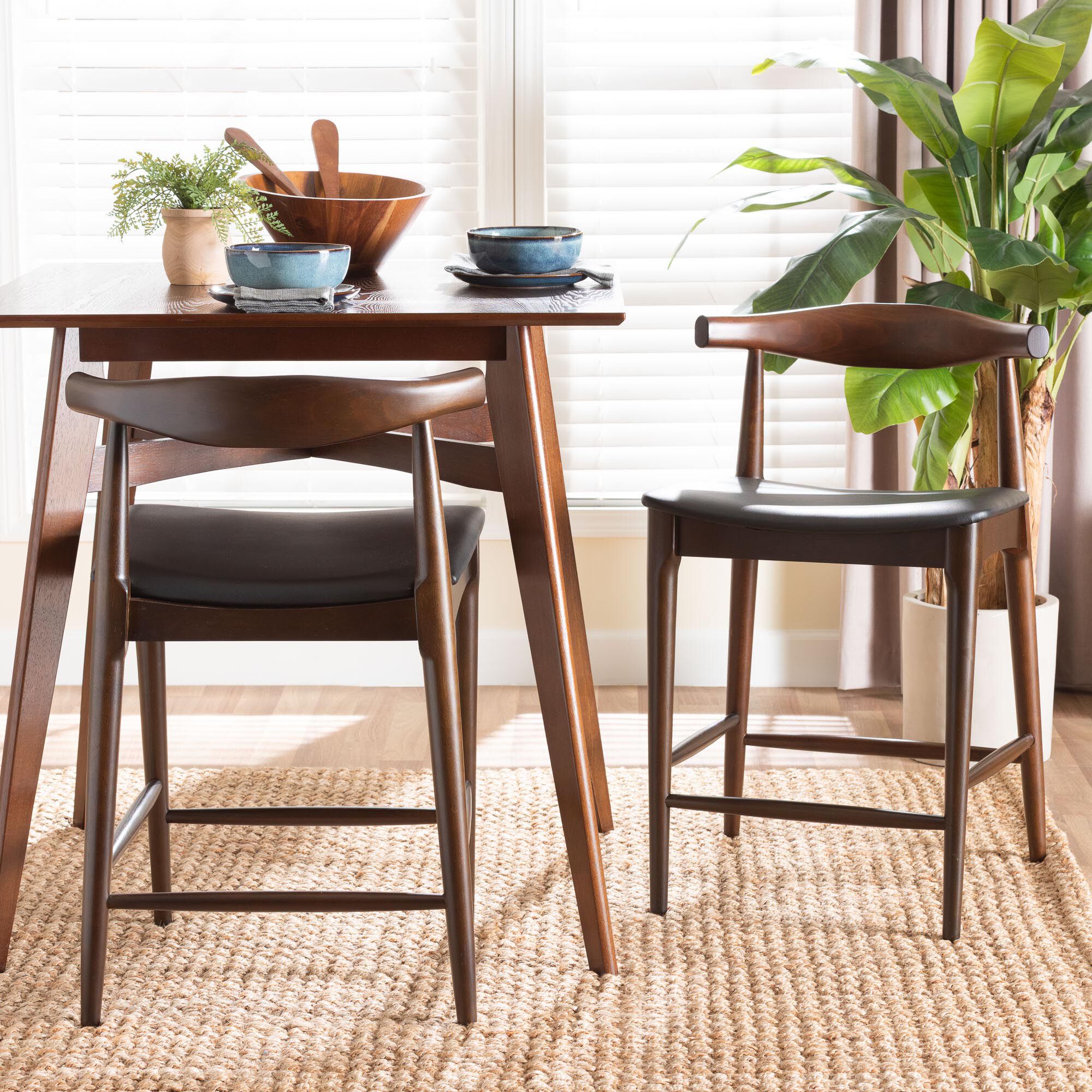 Eira Counter Stool Set of 2- Walnut Wood Frame Counter-height Chair with Curved Backrest and Black Faux Leather Seat, BLACK, hi-res image number 0