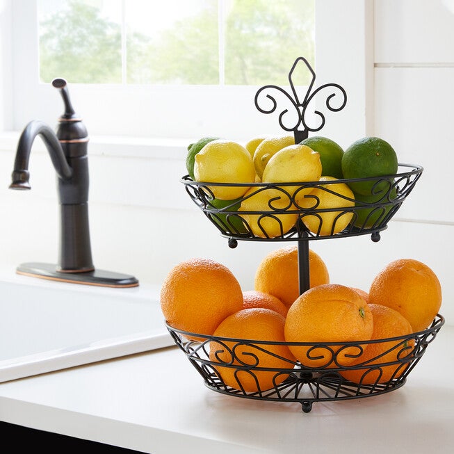 Scroll 2-Tier Fruit Basket, BLACK, hi-res image number 0