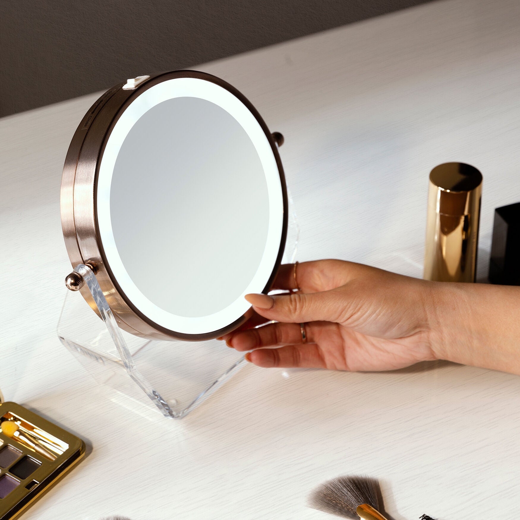 Two-Sided LED Lighted Vanity Swivel Mirror in Acrylic Base, 8X/1X, , alternate image number 2