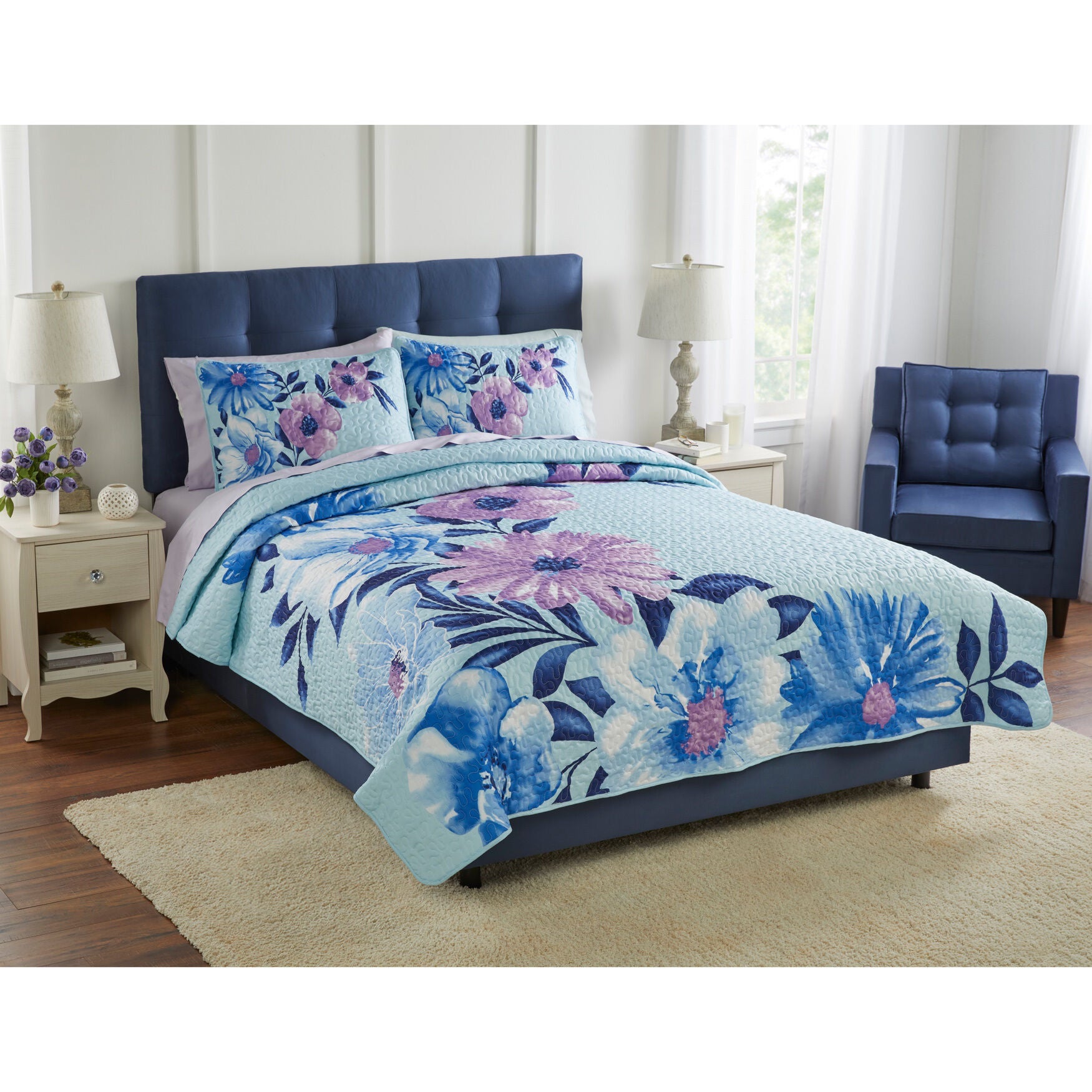 Samantha Floral Quilt Set, BLUE, hi-res image number 0