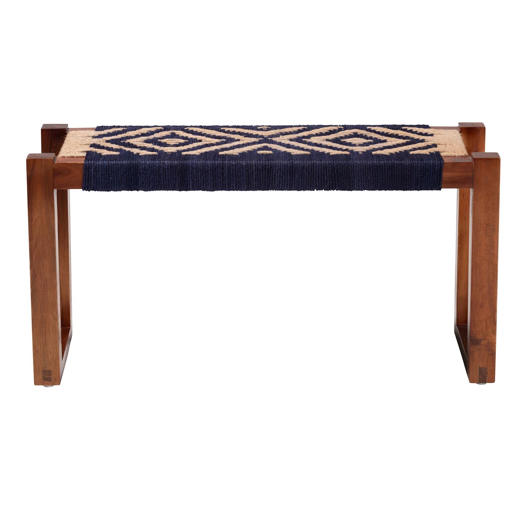 Prunella Modern Bohemian Two-Tone Navy Blue and Natural Brown Seagrass and Acacia Wood Accent Bench, , on-hover image number 1