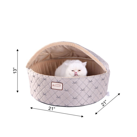 Cuddle Cave Cat Bed With Detachable & Collasible Zipper Top, Medium, Pale Silver and Beige, , alternate image number null
