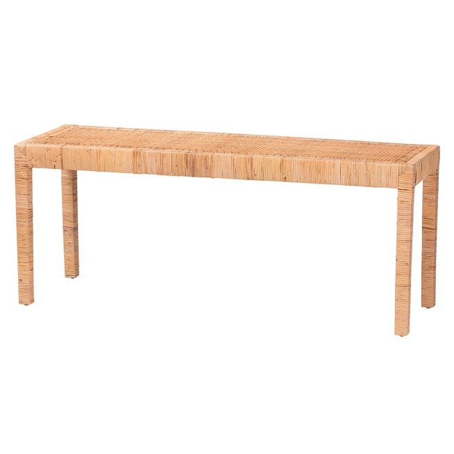 Abelia Modern Bohemian Natural Rattan And Mahogany Wood Long Accent Bench, NATURAL RATTAN, hi-res image number null