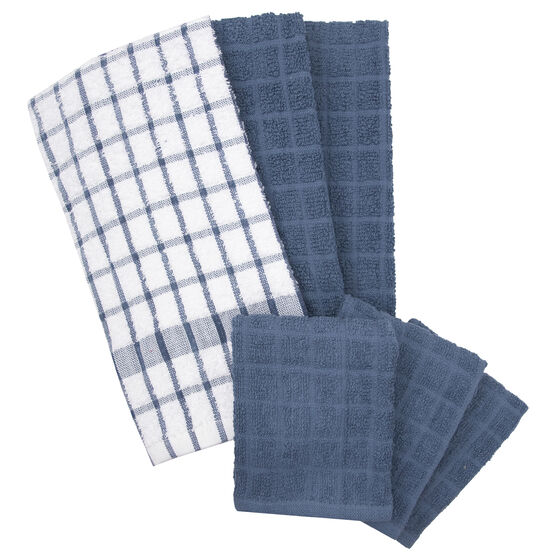 Terry Kitchen Towels And Dish Cloths, Set Of 6, FEDERAL BLUE, hi-res image number null