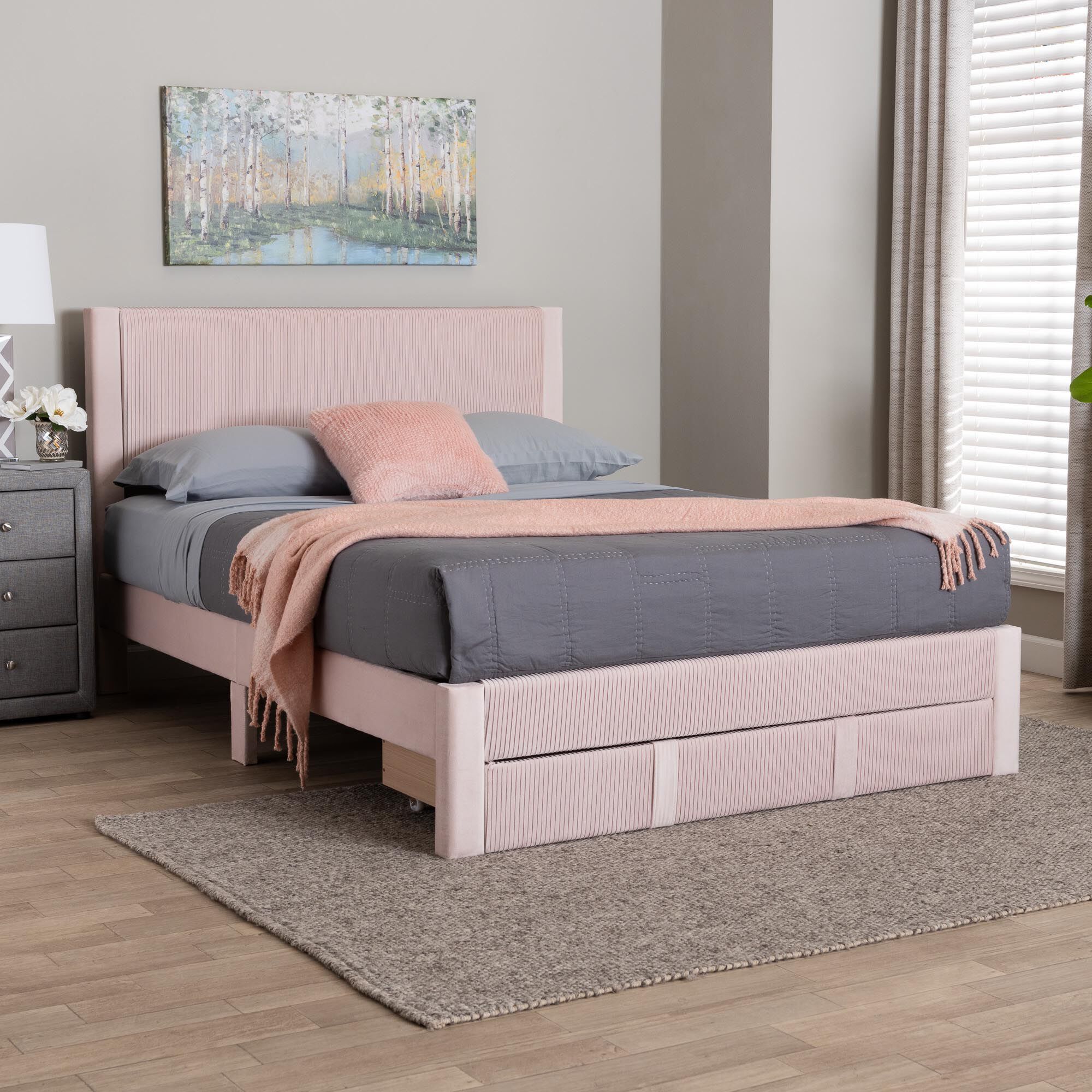 Elora Modern Navy Blue Pleated Velvet Queen Size Storage Bed