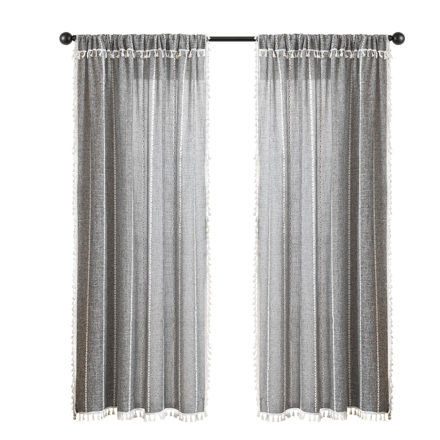 Boho Tassel Light Filtering Curtain Pair, CHARCOAL GRAY, alternate image number 6