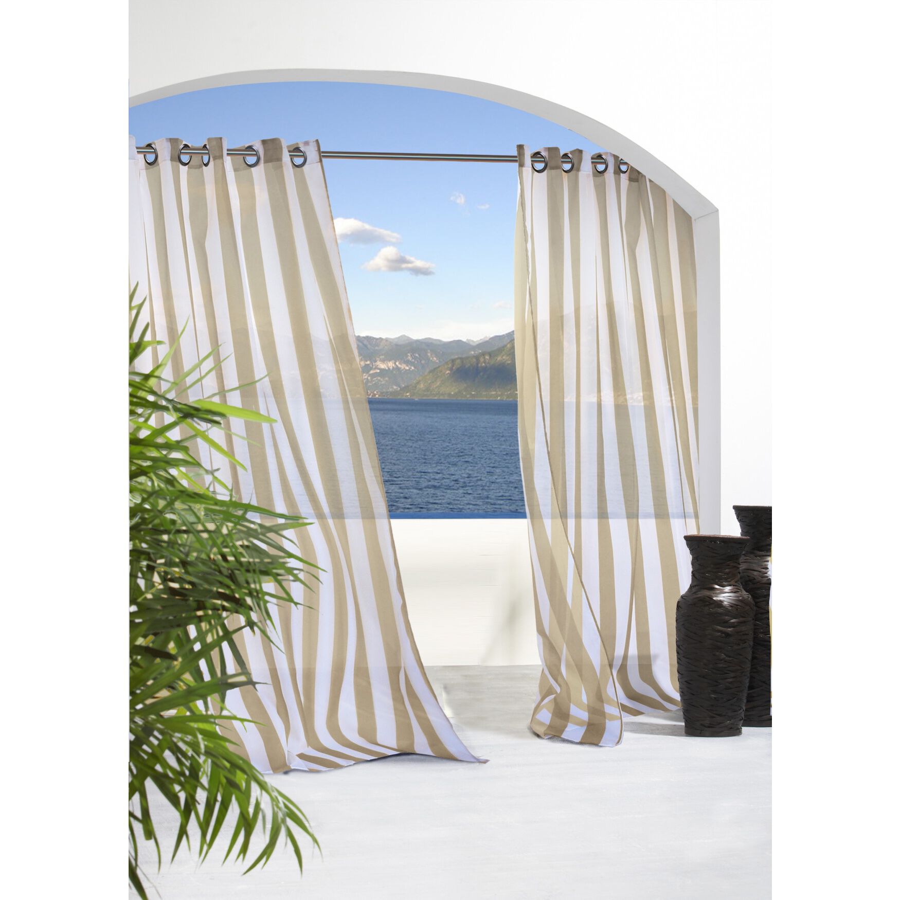 Escape Stripe Sheer Grommet Outdoor Curtain Panel, KHAKI, hi-res image number 0