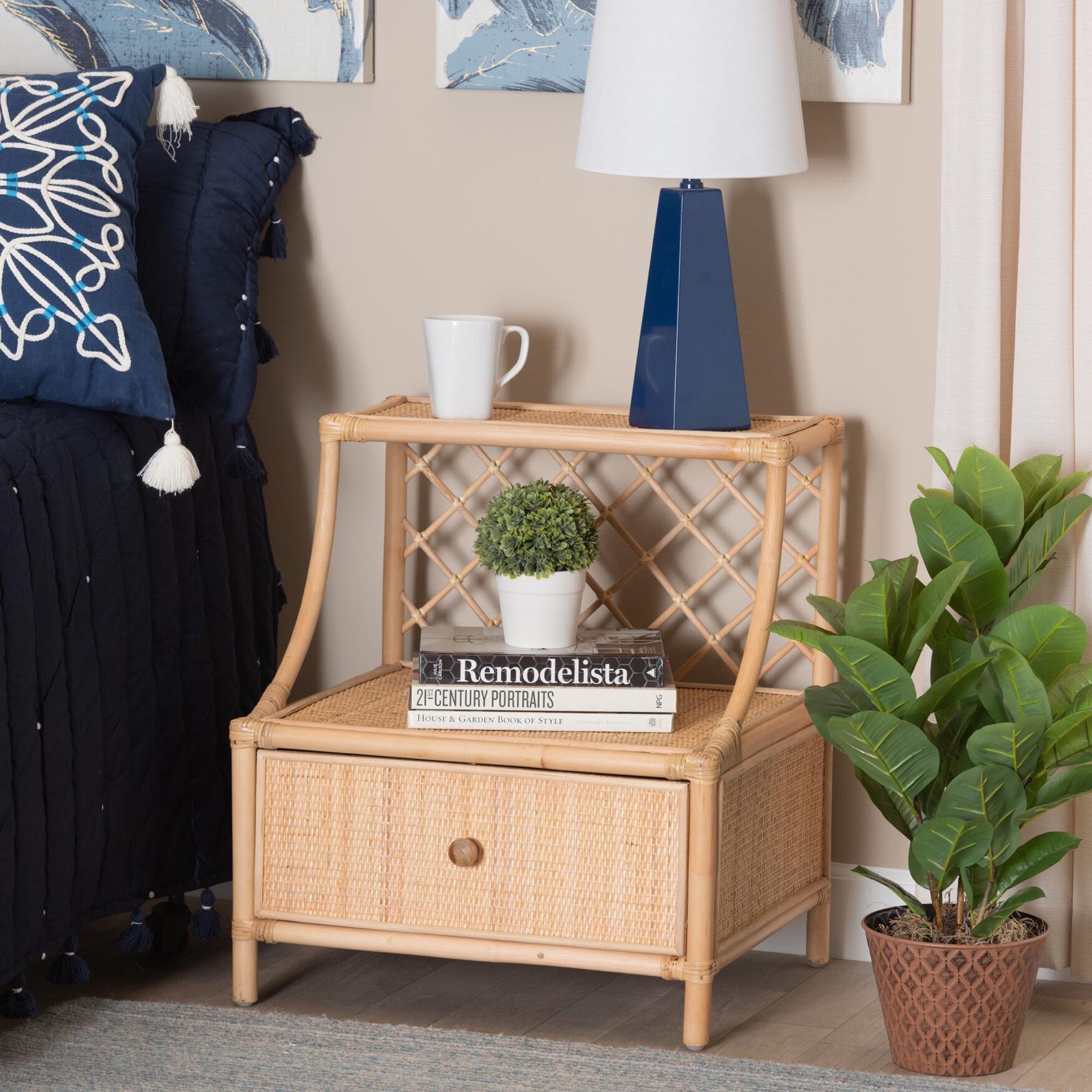 Lalo Modern Bohemian Natural Brown Rattan 1-Drawer Nightstand, , alternate image number 7