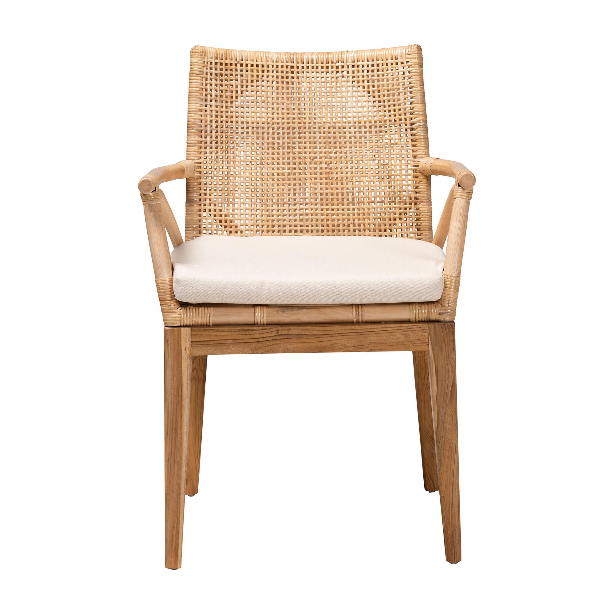 Storsel Modern Bohemian Natural Brown Finished Teak Wood and Rattan Dining Chair, CREAM, alternate image number 3