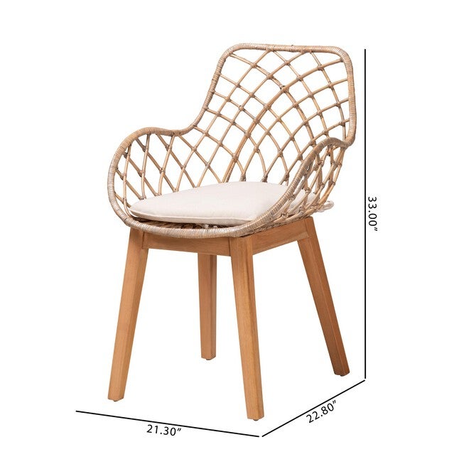Ballerina Modern Bohemian Greywashed Rattan And Natural Brown Finished Wood 2-Piece Dining Chair Set, , alternate image number 7