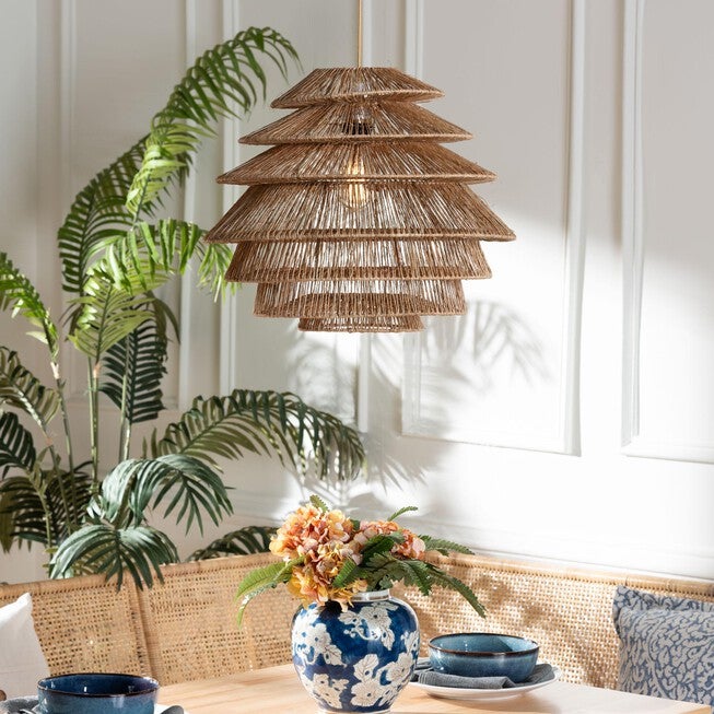 Kaede Handwoven Jute Pendant Lampshade - Coastal Boho Ceiling Light Cover with Tiered Design, BROWN, hi-res image number null