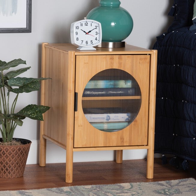 Naresh Mid-Century Modern Transitional Natural Brown Bamboo Wood 1-Door End Table, , alternate image number null