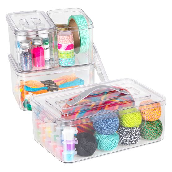 Clear Plastic Storage Bins With Grey Handles-Set Of 4 Large, Medium, Small Containers For Closet Fridge Organization, , alternate image number null