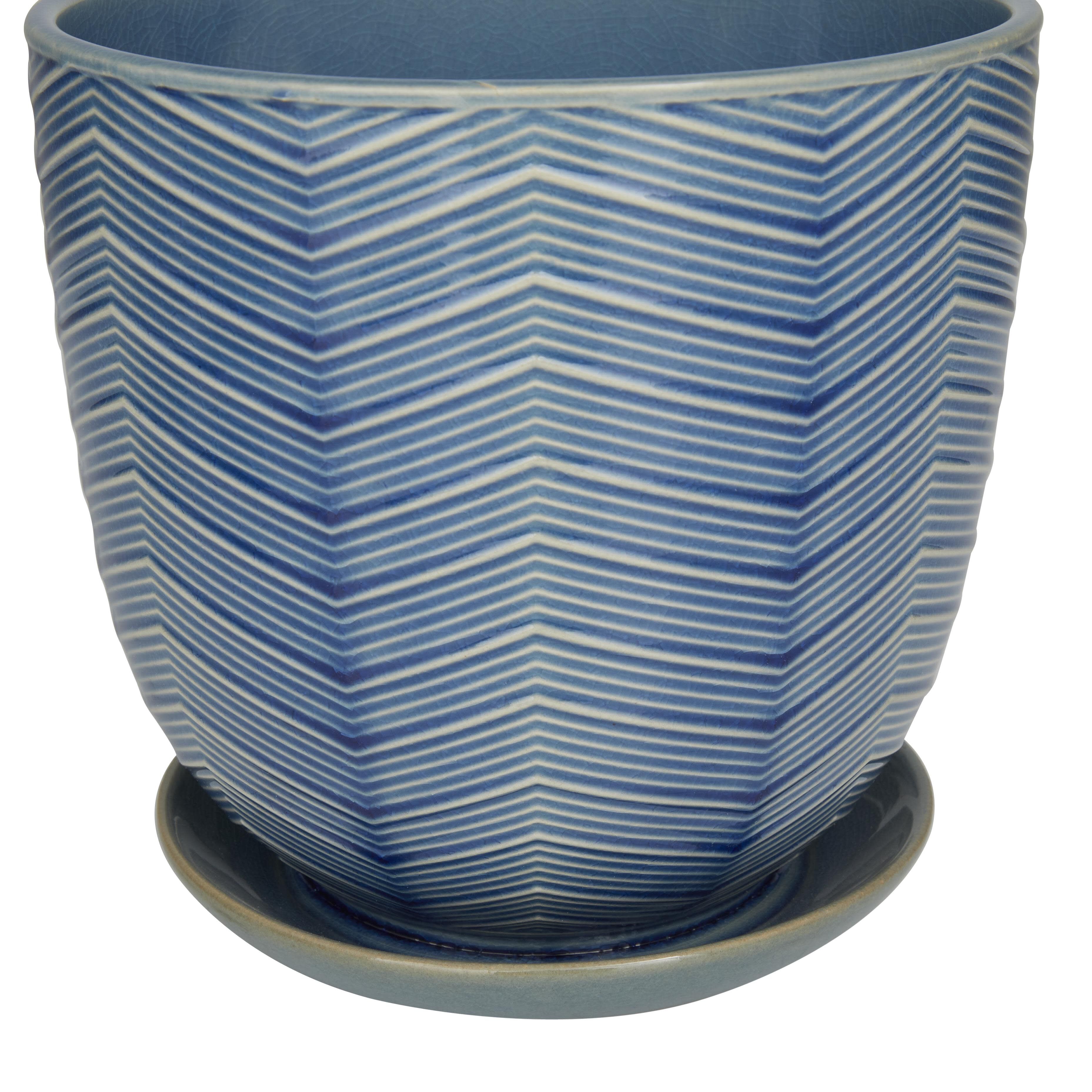 Blue Porcelain Ceramic  Indoor Outdoor Planter with Attached Saucer, Set of 3 8 inches, 6 inches, 5 inchesH, BLUE, alternate image number 3
