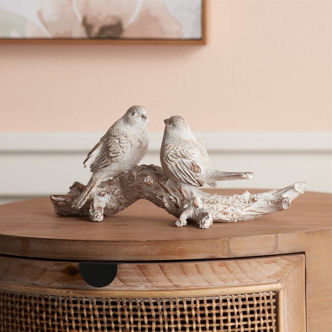 White Washed Birds on Branch Figurine 9.5 inchesL, WHITE/BROWN, alternate image number null