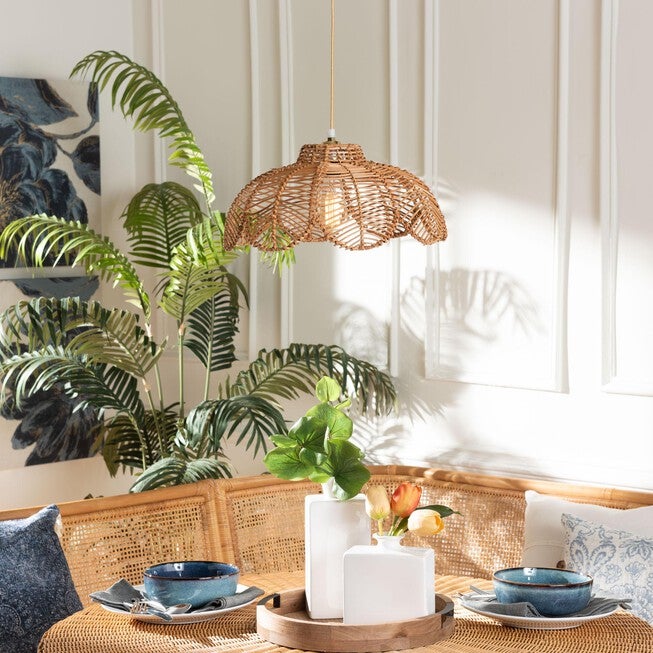 Neorah Natural Rattan Pendant Lampshade - Coastal Boho Ceiling Light Cover with Handcrafted Petal Shape, BROWN, hi-res image number null