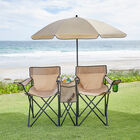 Twin Folding Picnic Chairs with Umbrella & Cooler, TAUPE, hi-res image number null