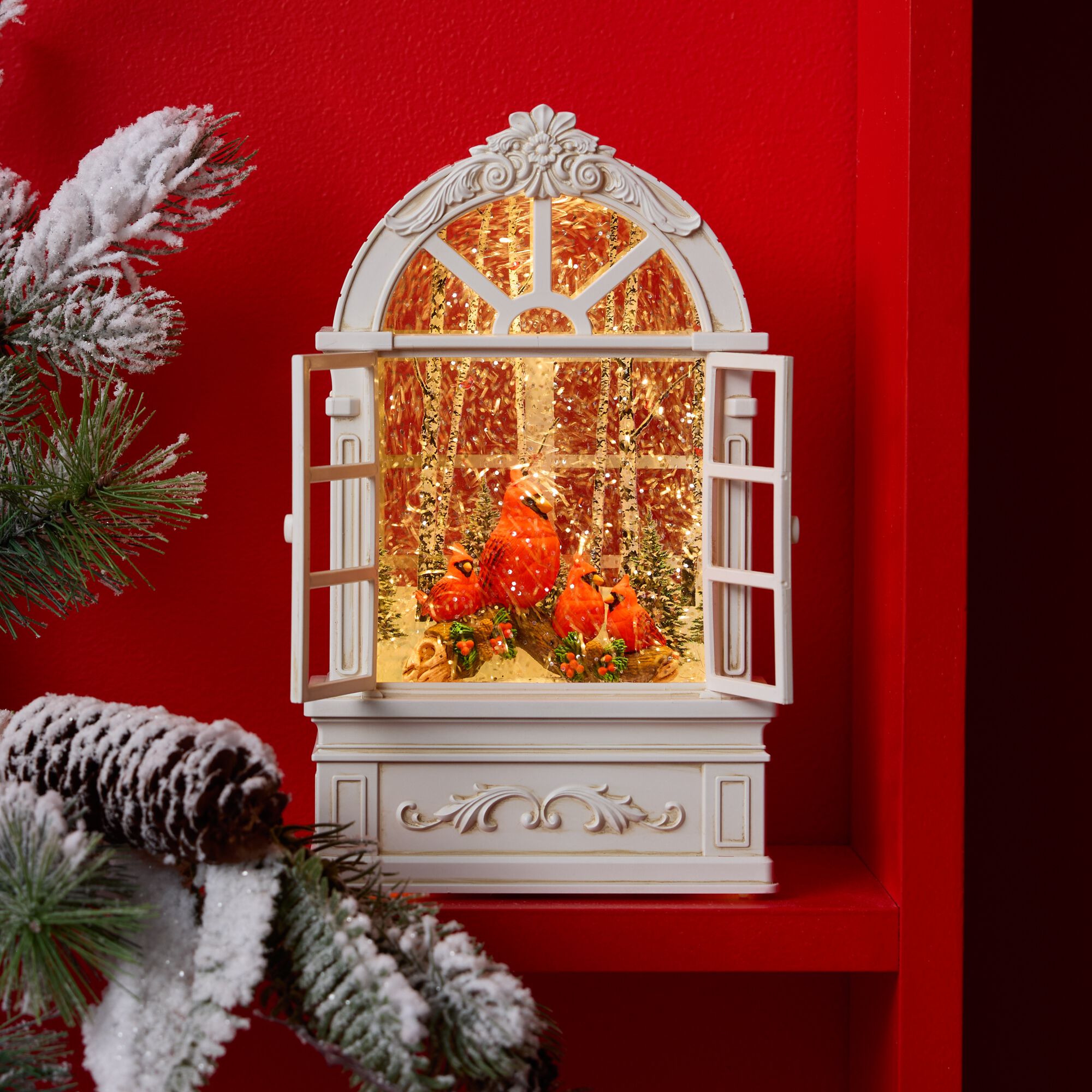 LED Snow Globe Window with Cardinal Family 9 inchesH, WHITE RED, alternate image number 2