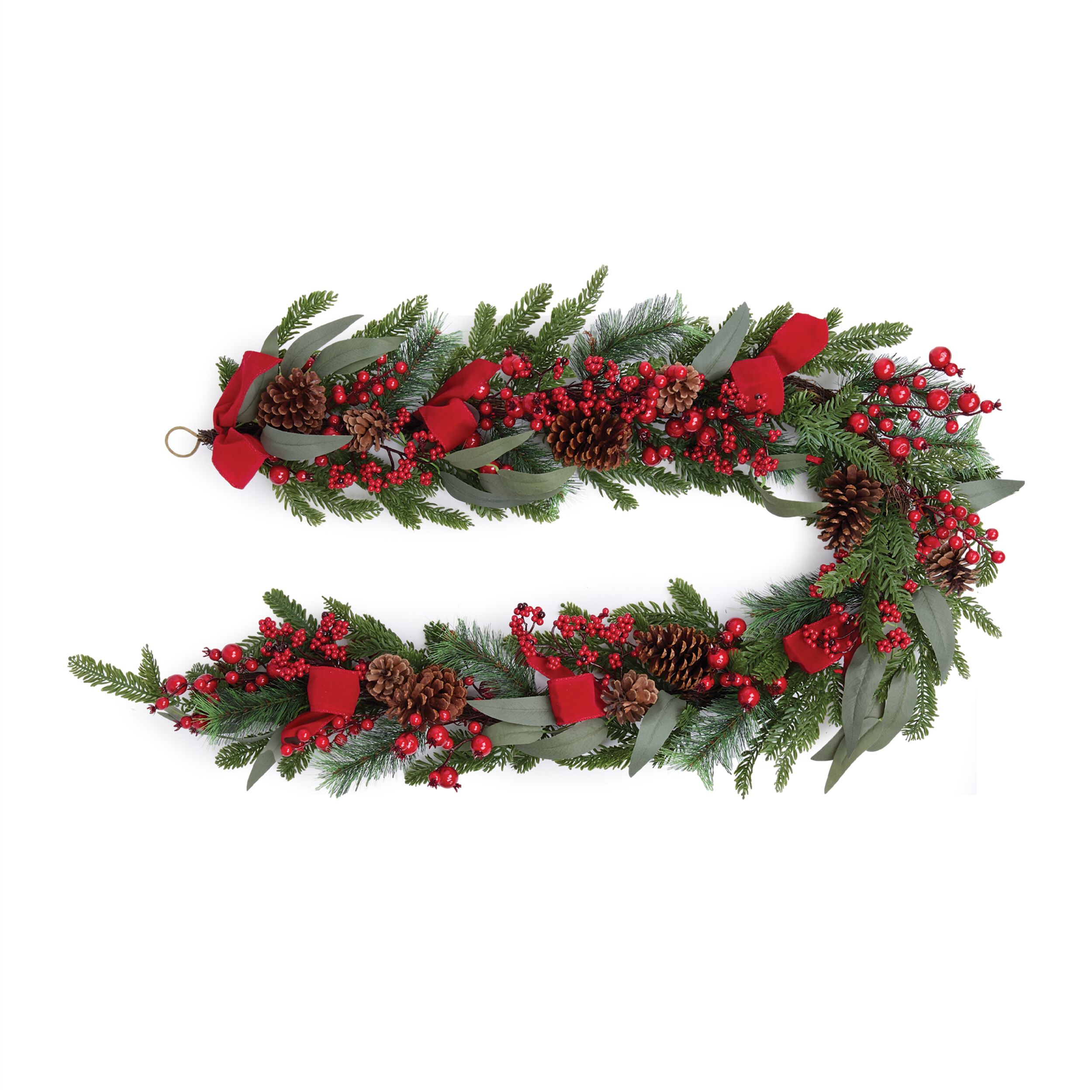 Fresh Touch Pine and Berry Garland with Ribbon 6'L, RED GREEN BROWN, hi-res image number 0
