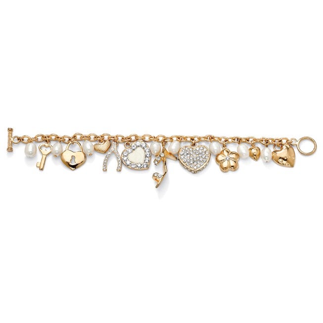 Gold Tone Charm Bracelet Crystal and Cultured Freshwater Pearl 8 inches, , alternate image number null