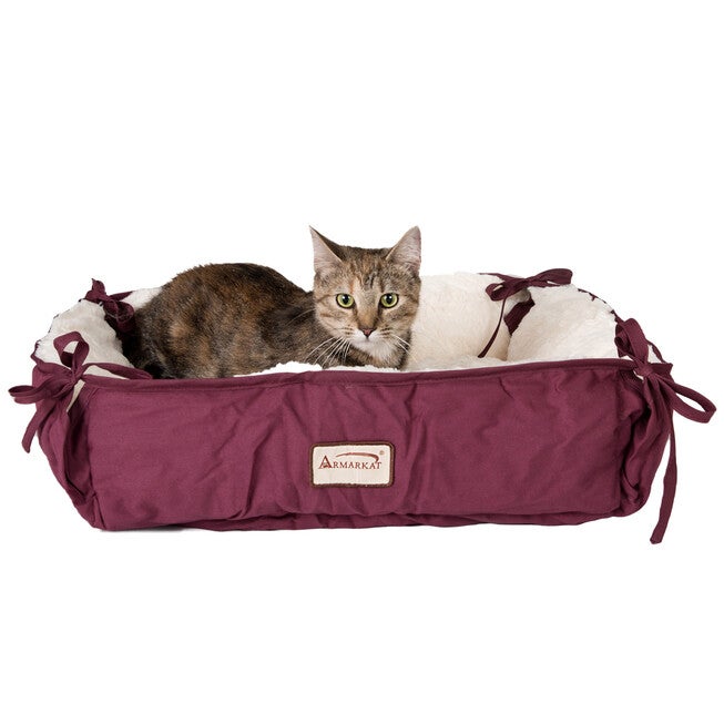 2-In-1 Cat Pet Bed & Fleece Mat, Burgundy/Ivory, BURGUNDY, hi-res image number 0