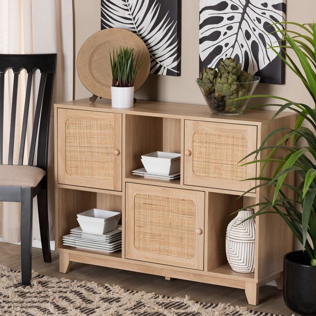 Elsbeth Mid-Century Modern Light Brown Finished Wood And Natural Rattan 3-Door Sideboard, , alternate image number null