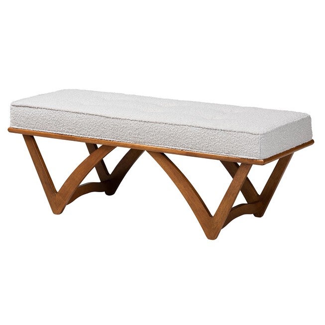 Chenoa Japandi Cream Boucle Fabric And Walnut Brown Finished Wood Bench, GREY WALNUT BROWN, hi-res image number 0