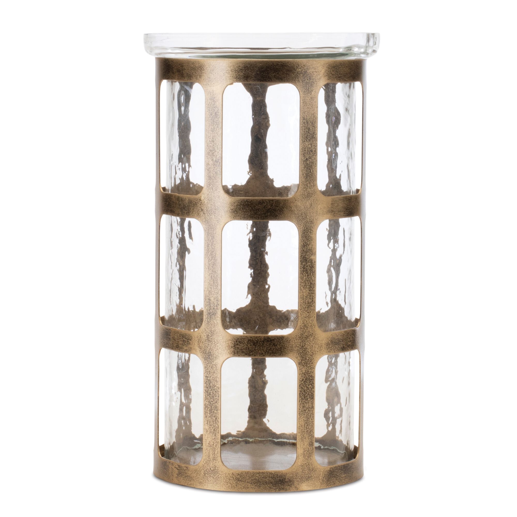 Wavy Glass Candle Holder with Distressed Metal Frame 10 inchesH, GOLD, hi-res image number 0